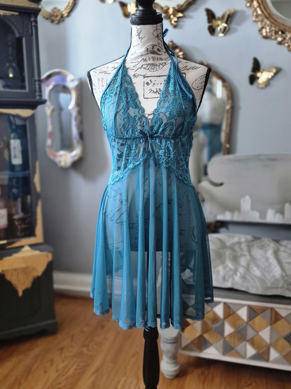 NWT Teal Lace Halter Babydoll Sexy Chemise